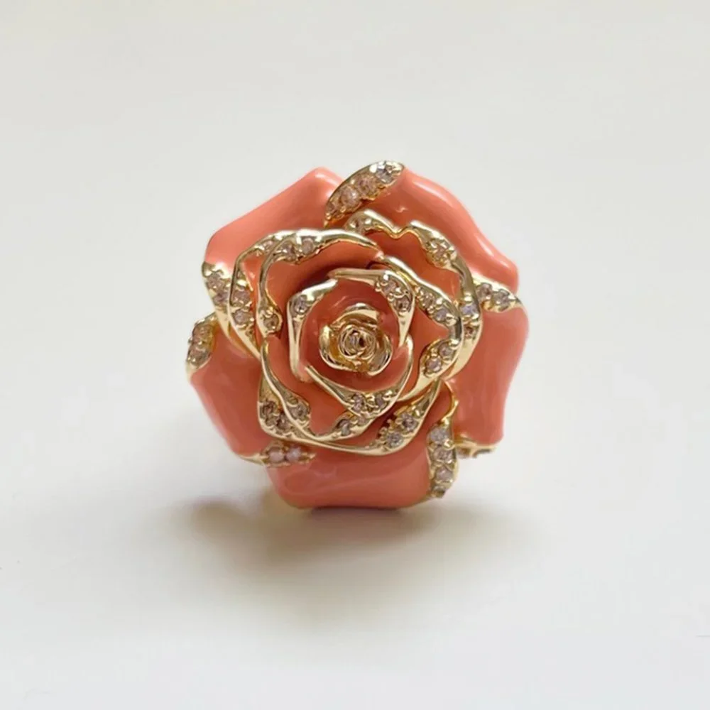 Nordstrom Peach Enamel Rose Crystal Cocktail Ring